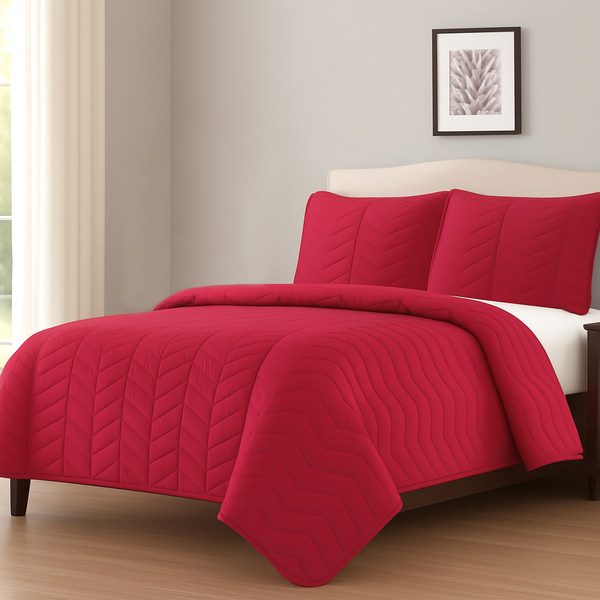 Red 3 Piece Modern Geometric Solid Soft Plush Cozy Bedspread Quilt Set