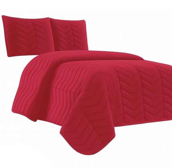Red 3 Piece Modern Geometric Solid Soft Plush Cozy Bedspread Quilt Set