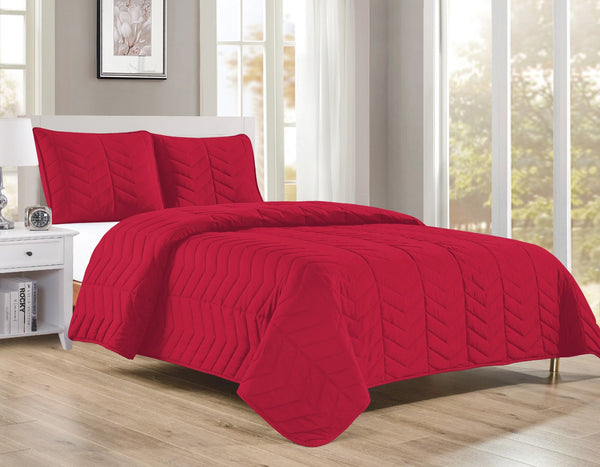 Red 3 Piece Modern Geometric Solid Soft Plush Cozy Bedspread Quilt Set