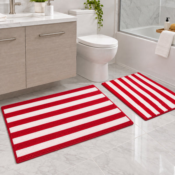 2-Piece Christmas Holidays Red & White Striped Chenille Bath Mat Rug Set – Soft Absorbent Bathroom Rugs