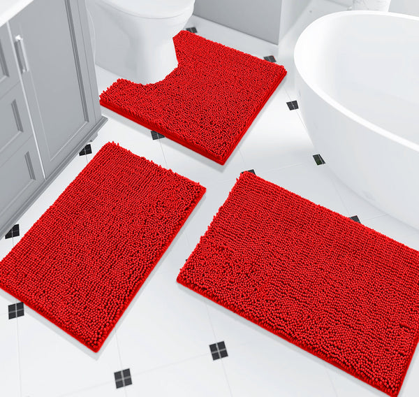 3 Piece Set Red Soft Cozy Plush Chenille Bath Mat Highly Absorbent Bathroom Rug