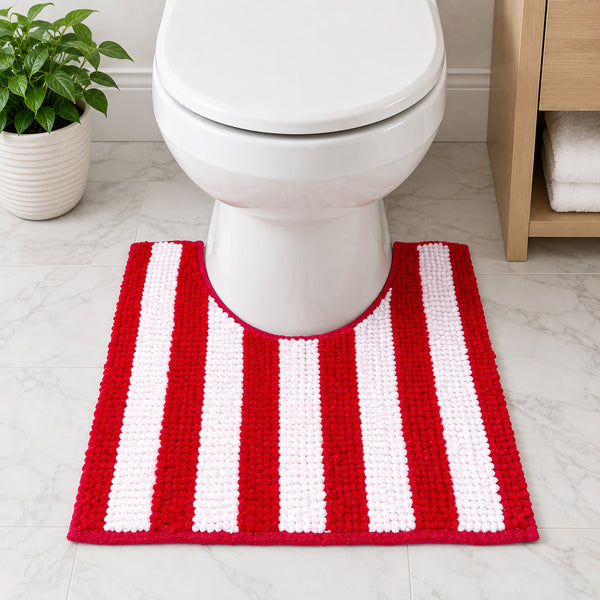 Christmas Holidays Red & White Chenille Striped Contour Toilet Bath Mat – Soft Absorbent Bathroom Rug