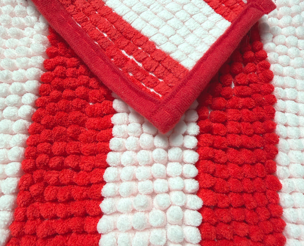 Christmas Holidays Red & White Chenille Striped Contour Toilet Bath Mat – Soft Absorbent Bathroom Rug