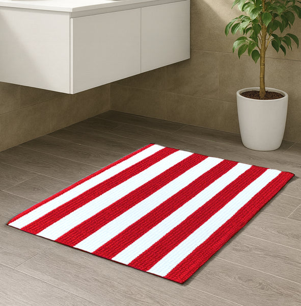 Red White Stripe Soft Cozy Plush Chenille Bath Mat Bathroom Rug - 23" x 15"
