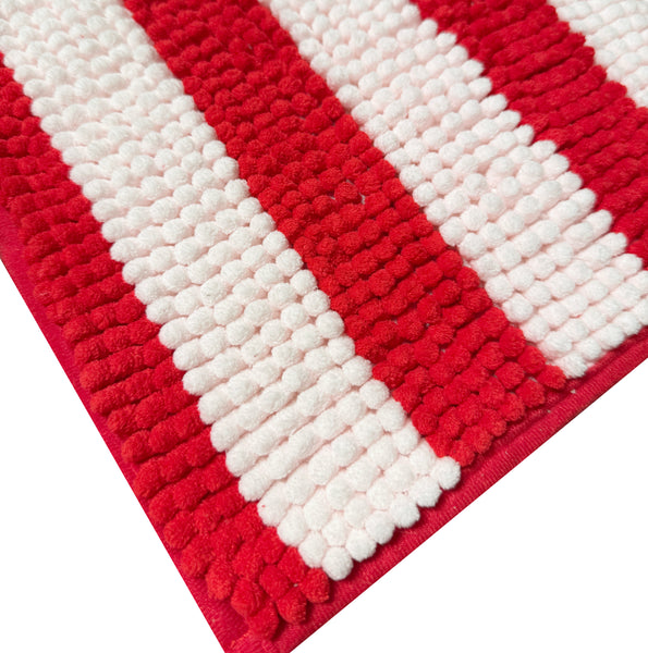 2-Piece Christmas Holidays Red & White Striped Chenille Bath Mat Set with Contour Toilet Rug – Soft Absorbent Bathroom Rugs