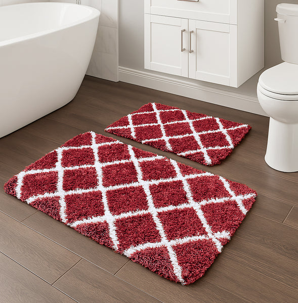 Red 2 Piece Trellis Plush Thick Soft Cozy Microfiber Bath Mat Set