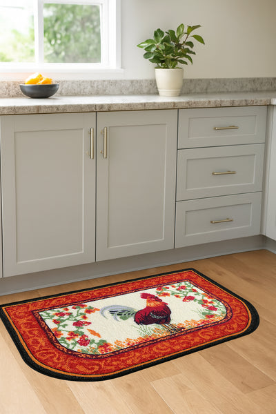 Orange Red Rooster Washable Kitchen Mat With Non-Slip Backing - 30"x18"