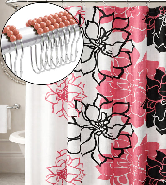 72" x 72" - Pink Black White Floral Fabric Textured Glam luxury Shower Curtain With 12 Metal Roller Ball Hooks
