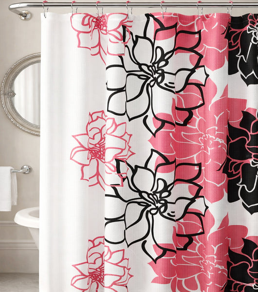 72" x 72" - Pink Black White Floral Fabric Textured Glam luxury Shower Curtain With 12 Metal Roller Ball Hooks