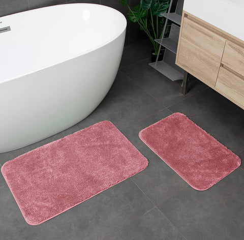 Large 2 Piece Rose Pink Microfiber Soft Thick Plush Bath Mat Set
