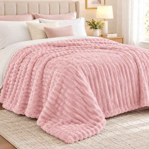 King Size Rose Light Pink Ultra Soft Cozy Textured Fluffy Plush Ribbed Faux Fur Bed Blanket
