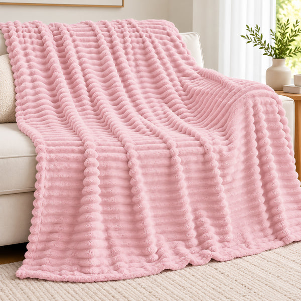King Size Rose Light Pink Ultra Soft Cozy Textured Fluffy Plush Ribbed Faux Fur Bed Blanket