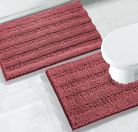 2 Piece Rose Soft Cozy Plush Chenille Bath Mat & Contour Bath Rug