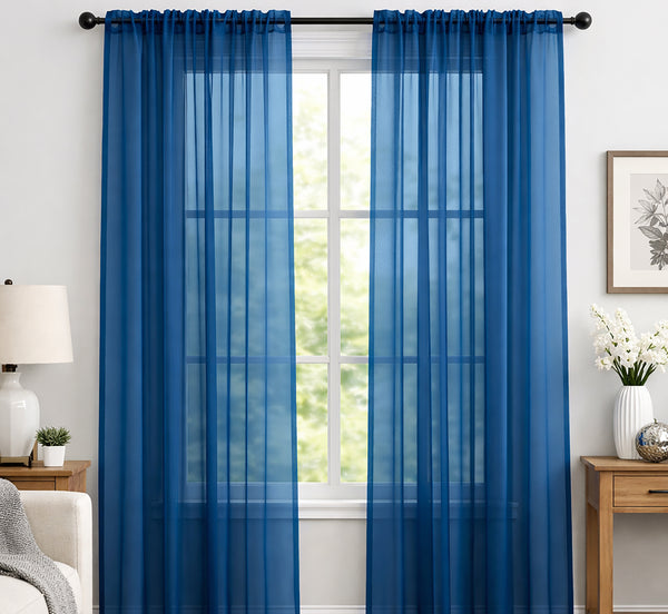 Royal Blue Sheer Window Rod Pocket Curtain Set 90" Inches Long (2 Panels)
