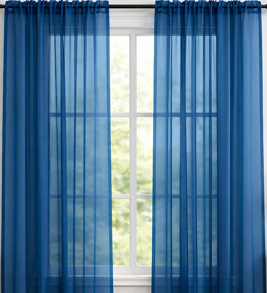 Royal Blue Sheer Window Rod Pocket Curtain Set 90" Inches Long (2 Panels)