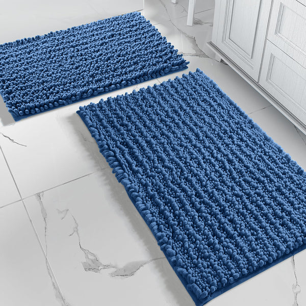 Large 2 Piece Set Blue Soft Cozy Plush Chenille Bath Mat Bathroom Rug