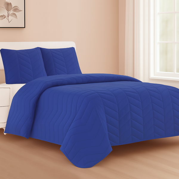Royal Blue 3 Piece Modern Geometric Solid Soft Plush Cozy Bedspread Quilt Set