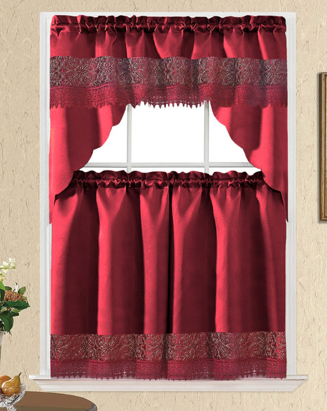 Burgundy Red Floral Embroidery Kitchen Curtain 3PC Set Swag & Tiers Set