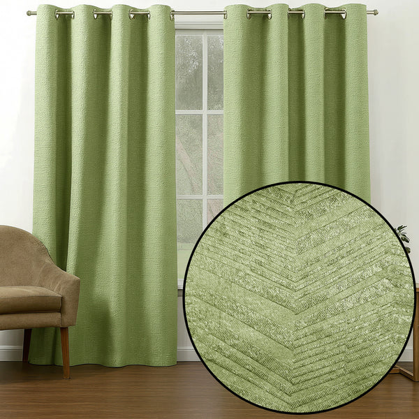 108" Long - 2 Piece Sage Green Solid Silky Geometric Embossed Blackout Grommet Window Curtain Panel Set