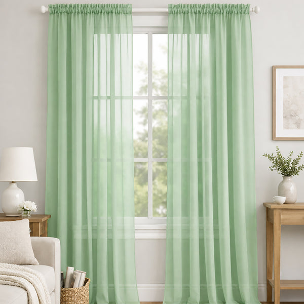 Sage Green Sheer Window Rod Pocket Curtain Set 90" Inches Long (2 Panels)