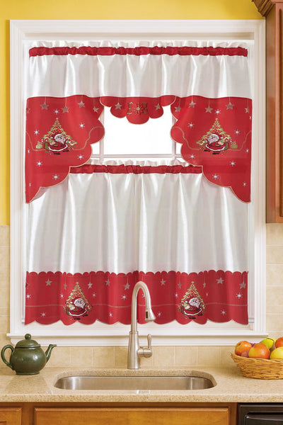 Red White Christmas Santa Claus Embroidery Kitchen Curtain 3PC Set Swag & Tiers Set