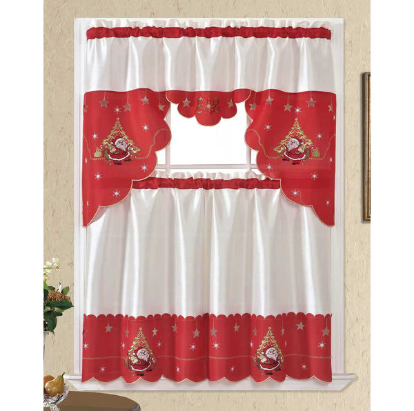 Red White Christmas Santa Claus Embroidery Kitchen Curtain 3PC Set Swag & Tiers Set