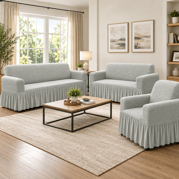 3-Piece Set Silver 4-Way Stretch Ruffled Skirt Slipcover Sofa Loveseat & Armchair Cover Protector