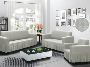 3-Piece Set Silver 4-Way Stretch Ruffled Skirt Slipcover Sofa Loveseat & Armchair Cover Protector
