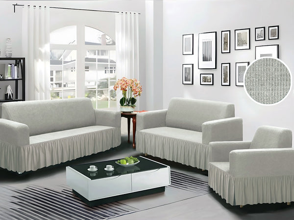 3-Piece Set Silver 4-Way Stretch Ruffled Skirt Slipcover Sofa Loveseat & Armchair Cover Protector