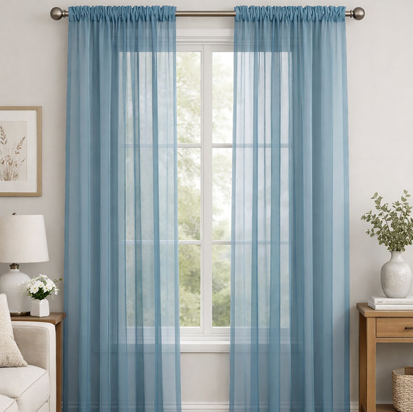 Slate Blue Sheer Window Rod Pocket Curtain Set 90" Inches Long (2 Panels)