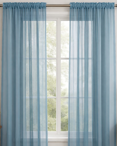 Slate Blue Sheer Window Rod Pocket Curtain Set 90" Inches Long (2 Panels)