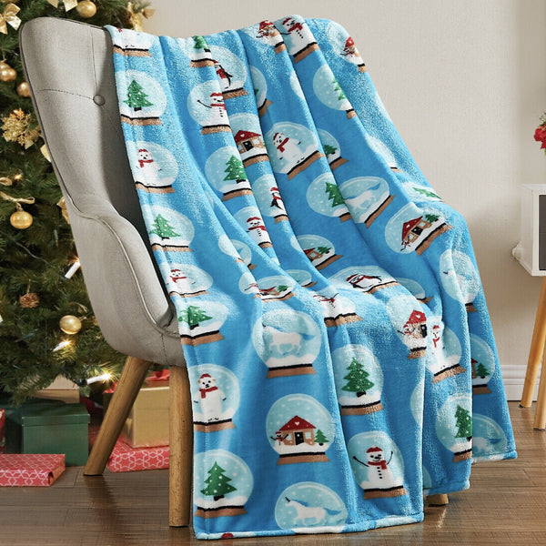 Blue Snow Globes Christmas Holiday Plush Soft Throw Blanket