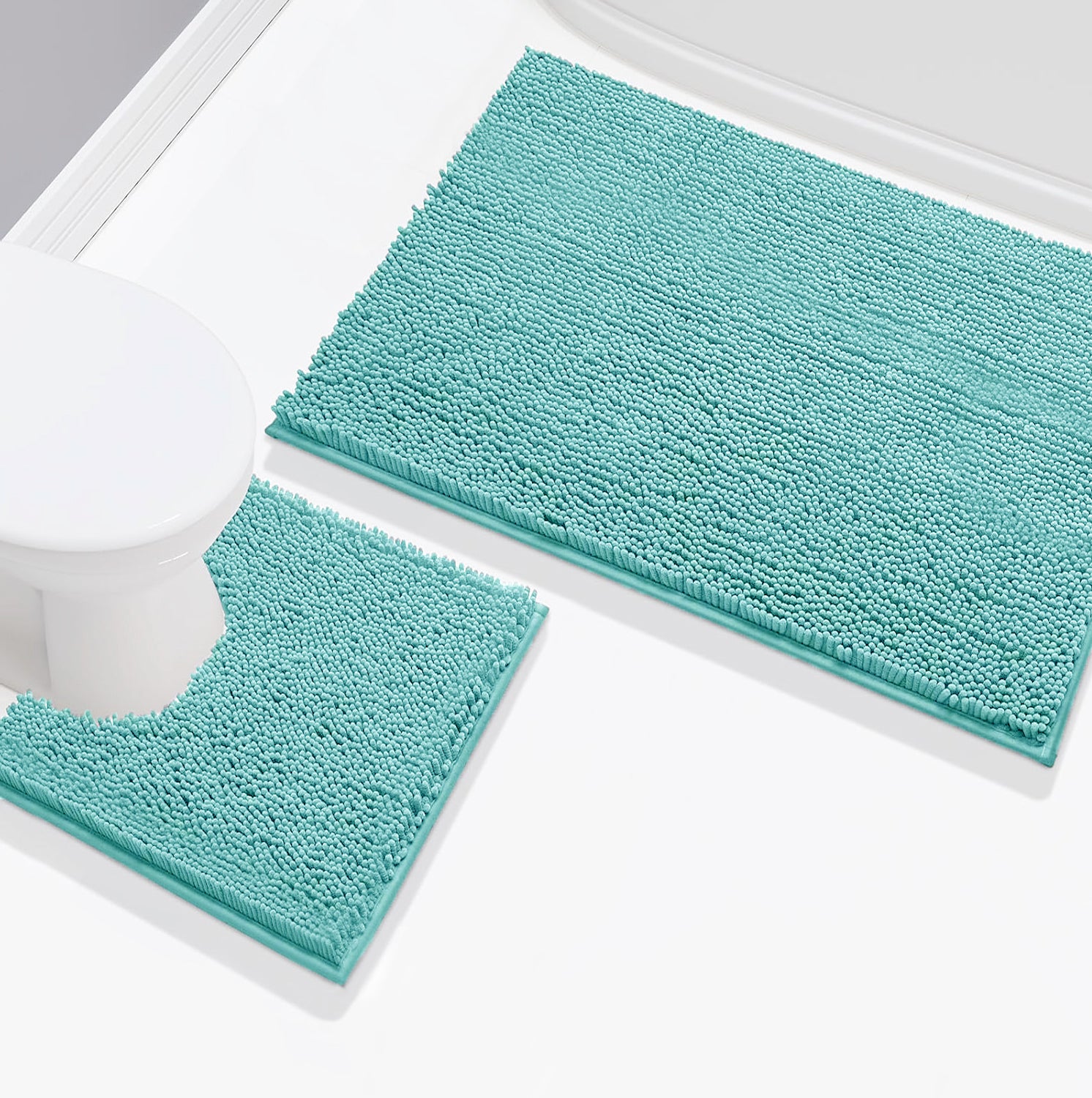 2 Piece Set Spa Blue Soft Cozy Plush Chenille Bath Mat Bathroom Rug