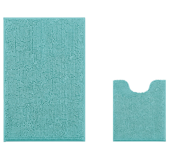 2 Piece Set Spa Blue Soft Cozy Plush Chenille Bath Mat Bathroom Rug