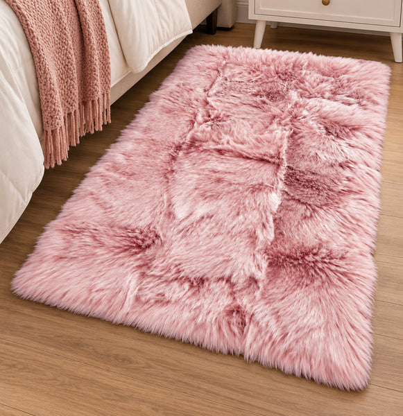 Pink Soft Fluffy Shag Faux Sheepskin Fur Area Rug - 2'x3' Feet