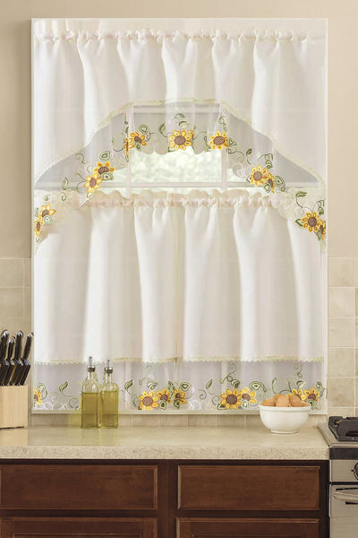 Ivory White Sun Flower Floral Embroidery Kitchen Curtain 3PC Set Swag & Tiers Set