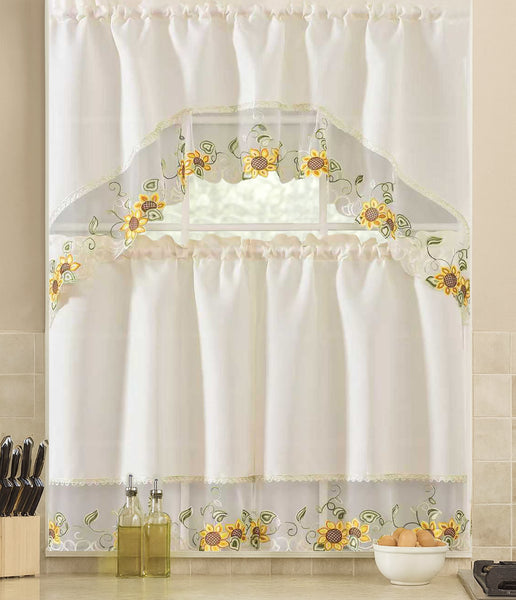 Ivory White Sun Flower Floral Embroidery Kitchen Curtain 3PC Set Swag & Tiers Set