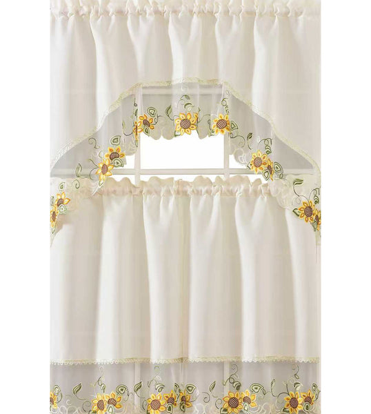 Ivory White Sun Flower Floral Embroidery Kitchen Curtain 3PC Set Swag & Tiers Set