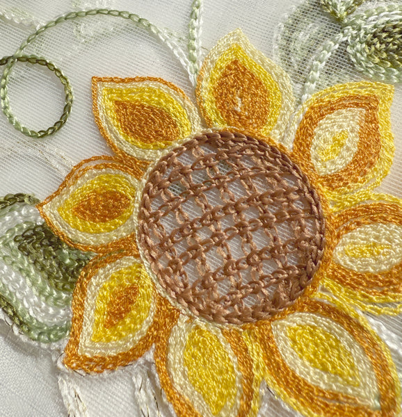 Ivory White Sun Flower Floral Embroidery Kitchen Curtain 3PC Set Swag & Tiers Set
