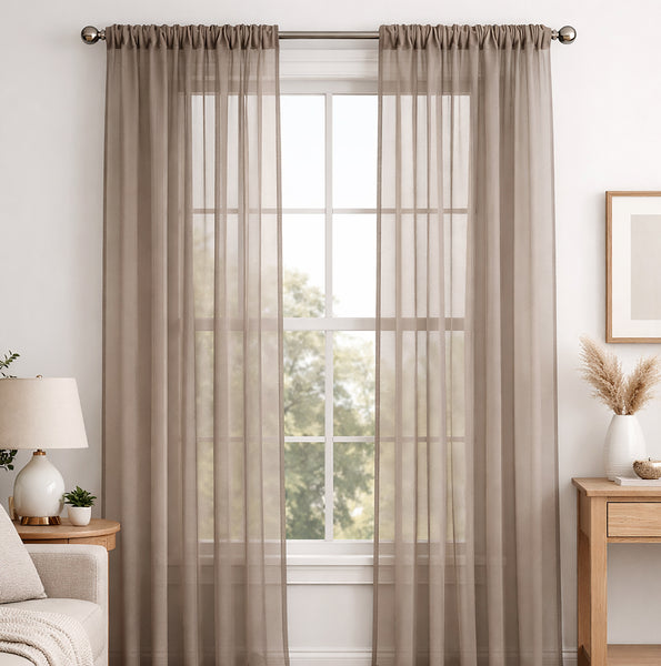 Taupe Sheer Window Rod Pocket Curtain Set 90" Inches Long (2 Panels)