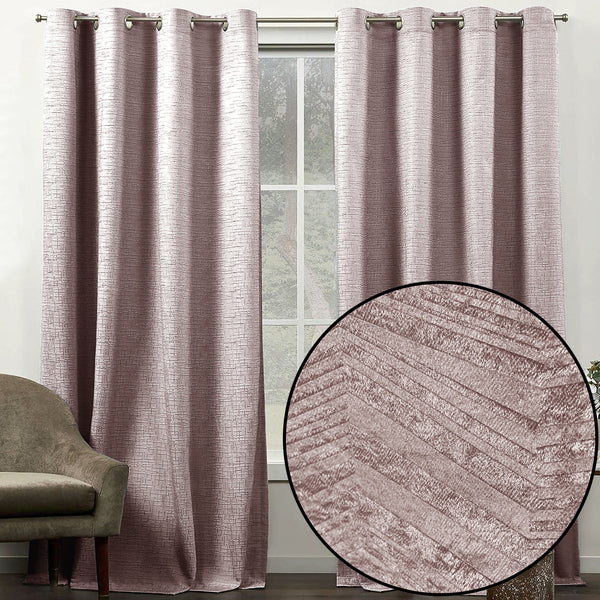 108" Long - 2 Piece Taupe Solid Silky Geometric Embossed Blackout Grommet Window Curtain Panel Set