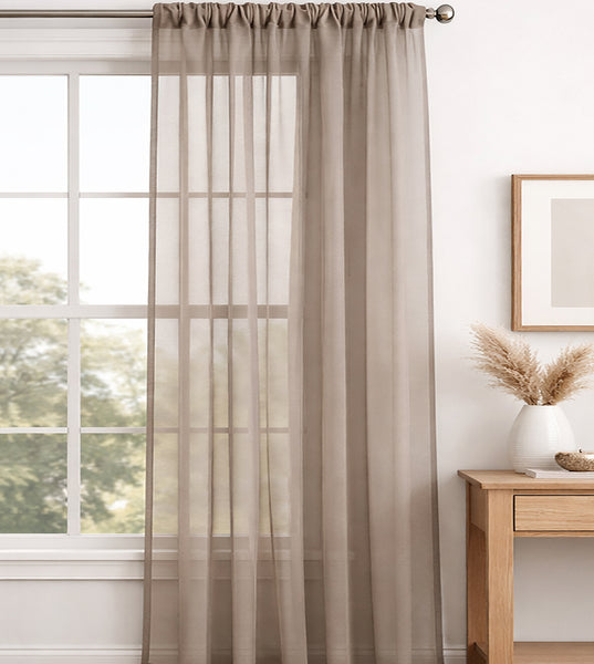 1 Piece Taupe Sheer Rod Pocket Window Curtain Panel - 90" Inches Long