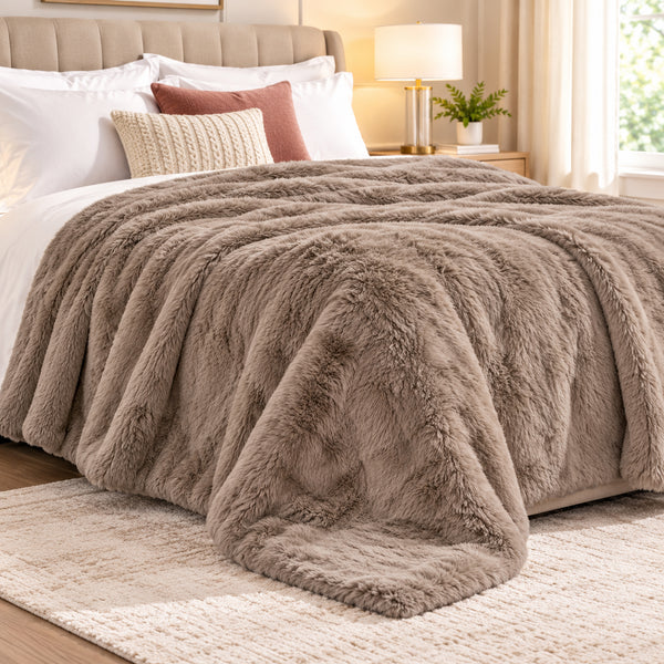 King Size Taupe Ultra Soft Plush Fluffy Luxury Cozy Warm Fuzzy Faux Rabbit Fur Bed Blanket