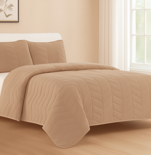 Taupe 3 Piece Modern Geometric Solid Soft Plush Cozy Bedspread Quilt Set