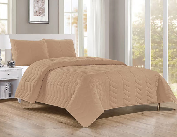 Taupe 3 Piece Modern Geometric Solid Soft Plush Cozy Bedspread Quilt Set
