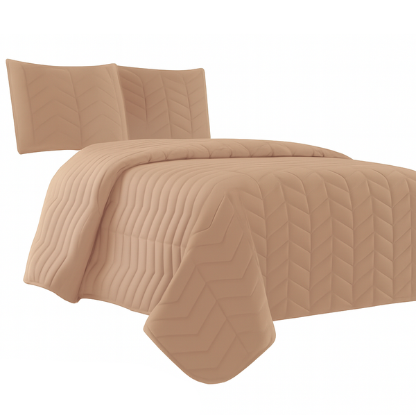 Taupe 3 Piece Modern Geometric Solid Soft Plush Cozy Bedspread Quilt Set