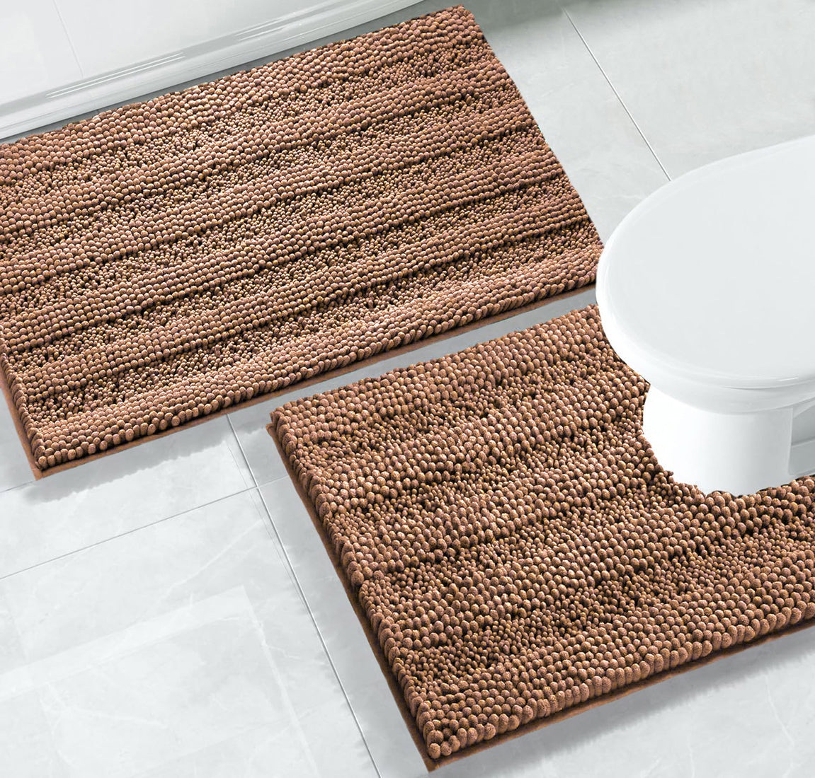 2 Piece Taupe Soft Cozy Plush Chenille Bath Mat & Contour Bath Rug