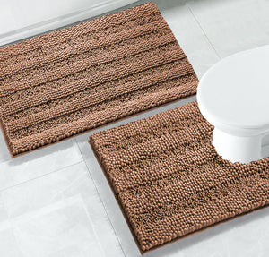 2 Piece Taupe Soft Cozy Plush Chenille Bath Mat & Contour Bath Rug