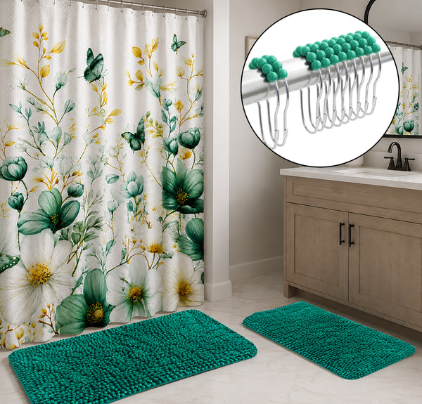Teal Green Plush Thick Chenille Bath Mat with Floral Shower Curtain & Hooks - 15 Piece Set