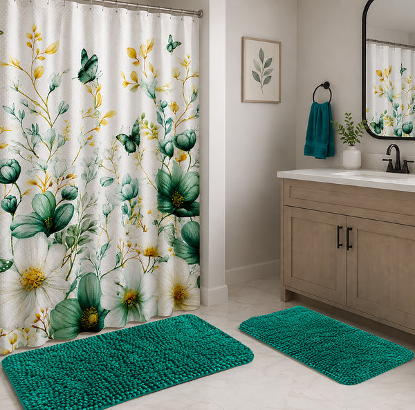 Teal Green Plush Thick Chenille Bath Mat with Floral Shower Curtain & Hooks - 15 Piece Set